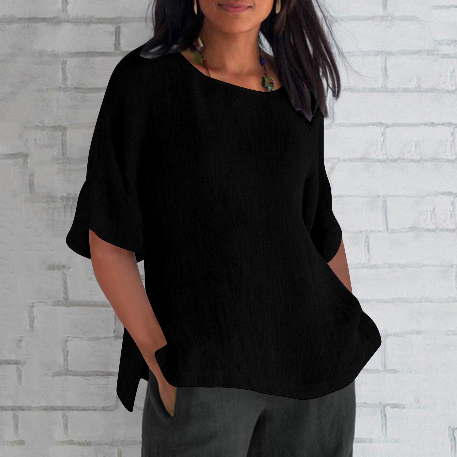 thumbnail image 2 of Blusa holgada de manga larga para mujer - Camisa informal de manga corta y color liso - Cuello en V, elegante, adecuada para todas las ocasiones - Tallas S-XXL, 2 of 5